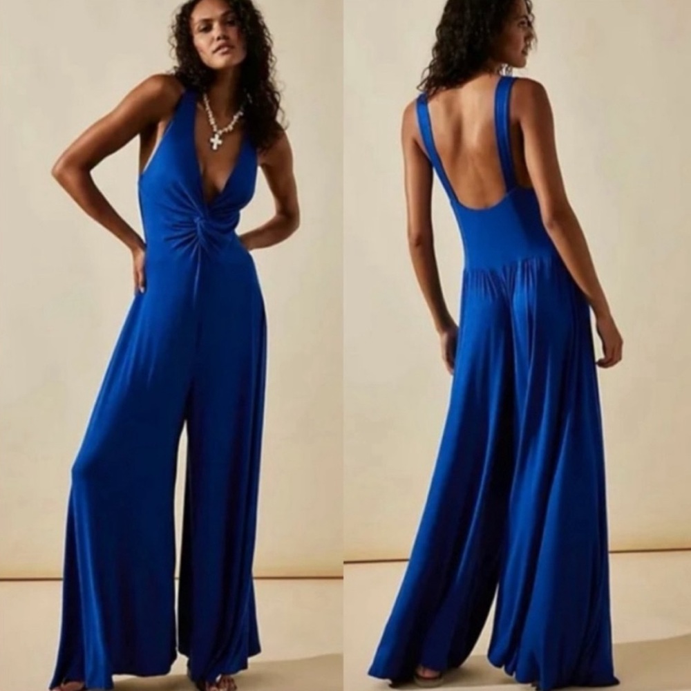 Free People Beach Blue Wide Leg Harlow One-Piece Wise Leg Jumpsuit Size Small